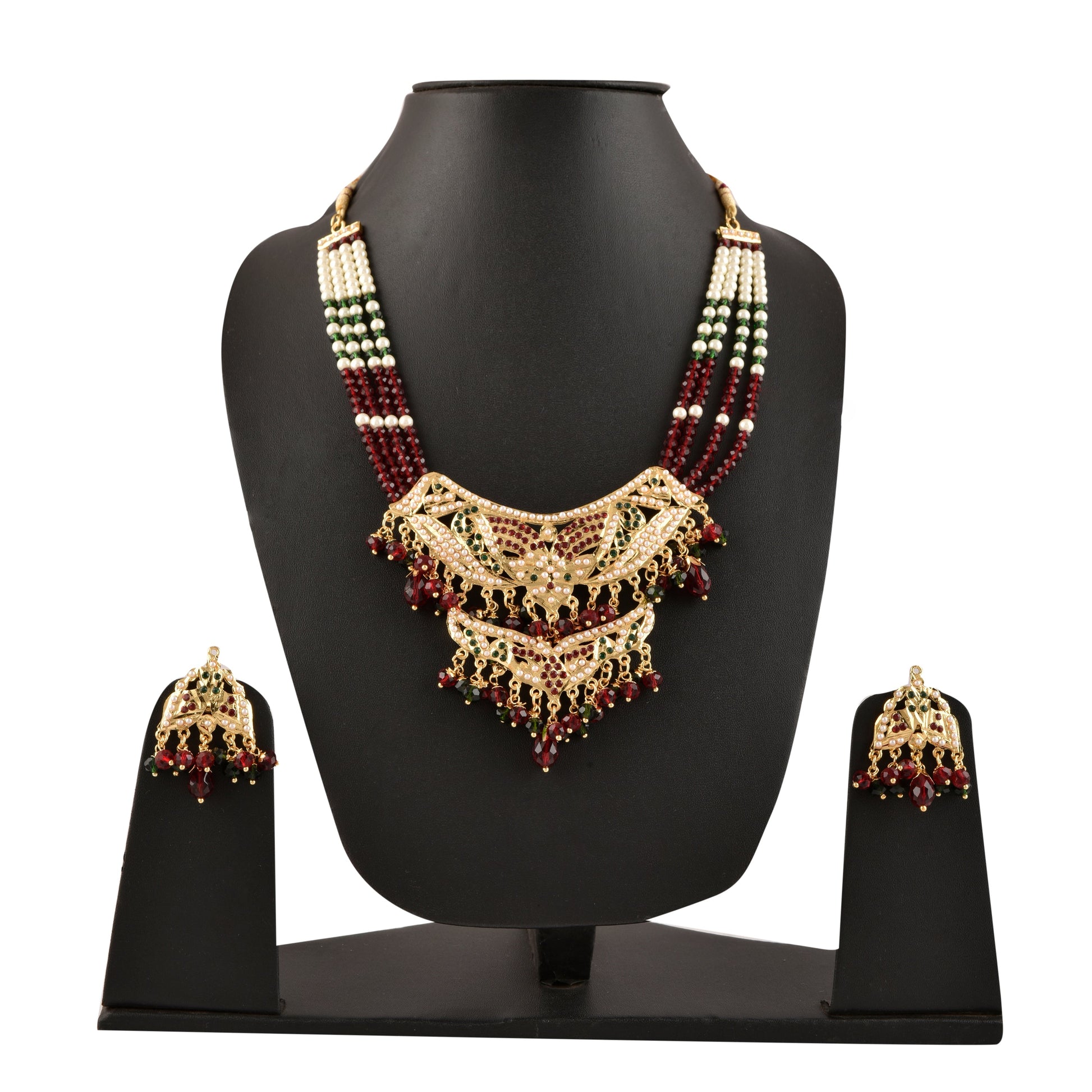 Gold-Plated Alloy Jadau Worktraditional Ethnic Beaded Necklace Set - The Pari - Grab2buy