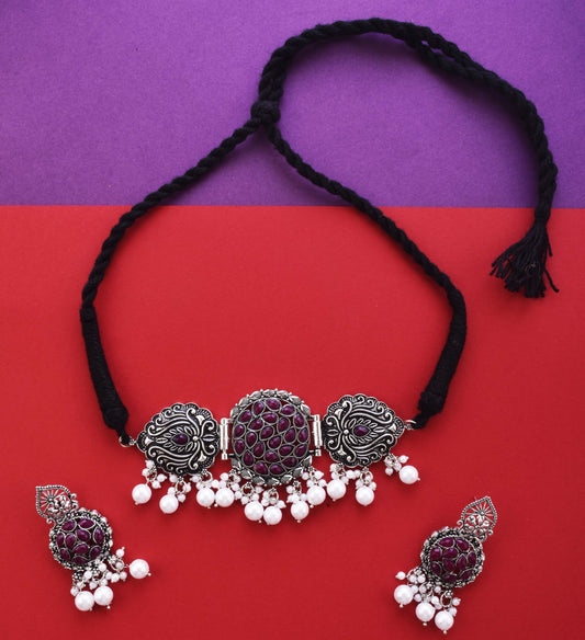 Silver-Plated Alloy Designer Oxidised Choker Necklace - The Pari | Swadesiicart