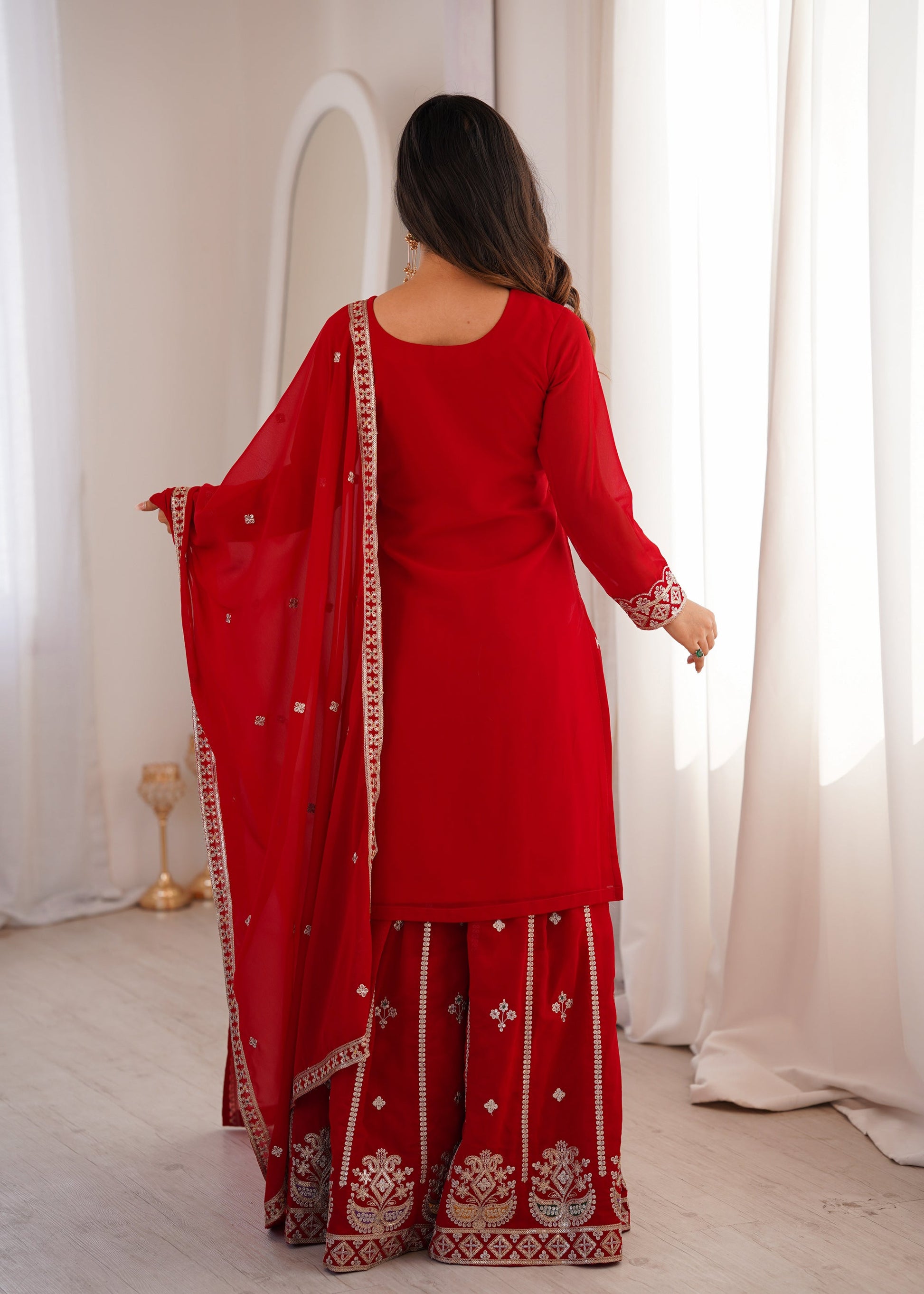 Lorenvalley Fashion Red Faux Georgette Embroidery Dori, Jari, Sequence and Thread Work Kurta Sharara with Dupatta