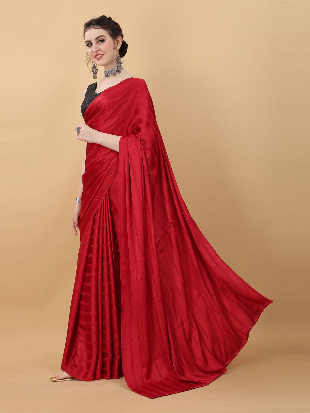 kasee Red & Black Striped Poly Georgette Saree