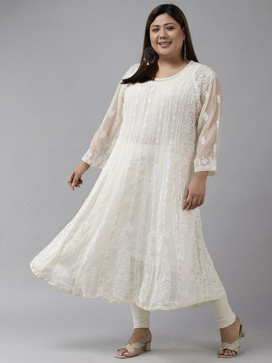 ADA Women Beige Ethnic Motifs Plus Size Chikankari Georgette Anarkali Kurta 