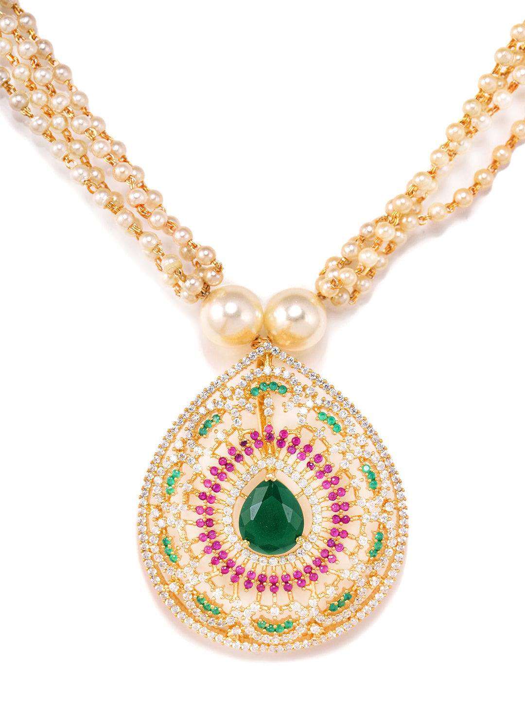 Saraf RS Jewellery Women Gold-Plated Multi Coloured AD Studded Pearl Mala & Earrings Set - Grab2buy