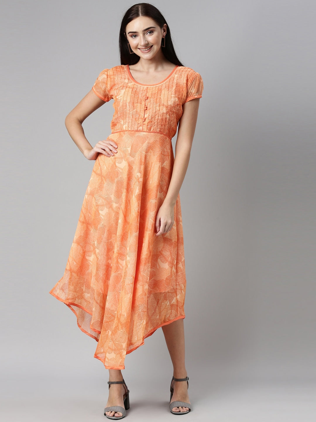 Souchii Orange Floral Chiffon Midi Dress | Grab2Buy