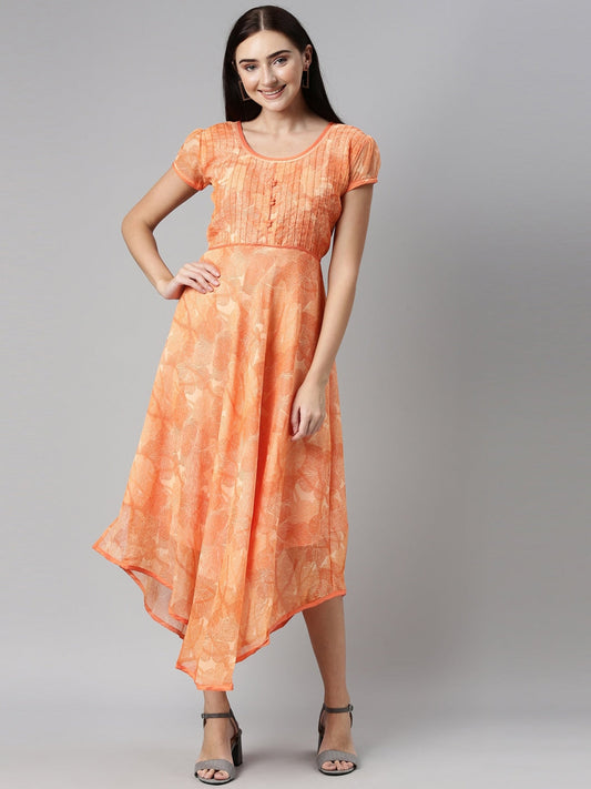 Souchii Orange Floral Chiffon Midi Dress | Grab2Buy