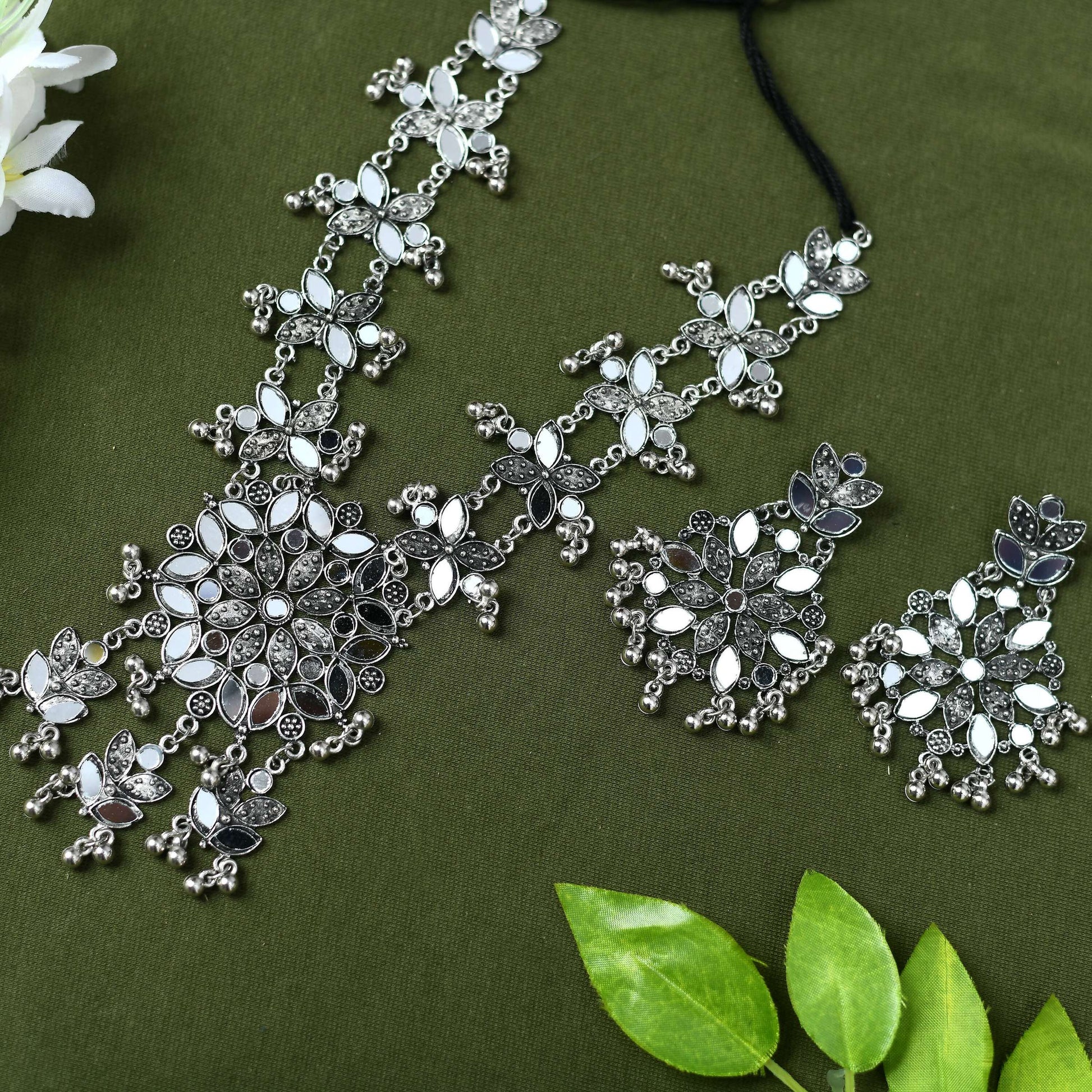 Mominos Fashion Johar Kamal Oxidised Silver-Plated Mirror Work Long Necklace Set - Grab2buy