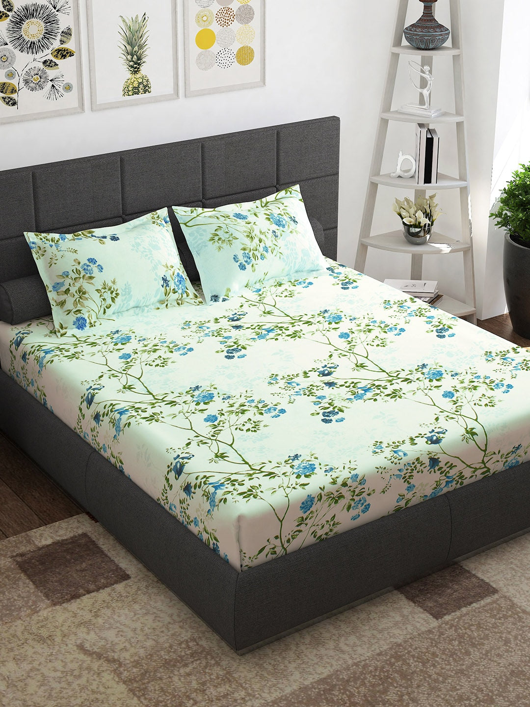 Story@home Ventura Blue & Green Floral Printed 152 TC Queen Bedsheet With 2 Pillow Covers | Grab2Buy