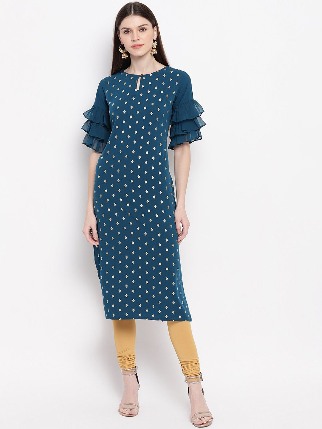 Janasya Women Teal Blue Geometric Printed Keyhole Neck Flared Sleeves Crepe Kurta
