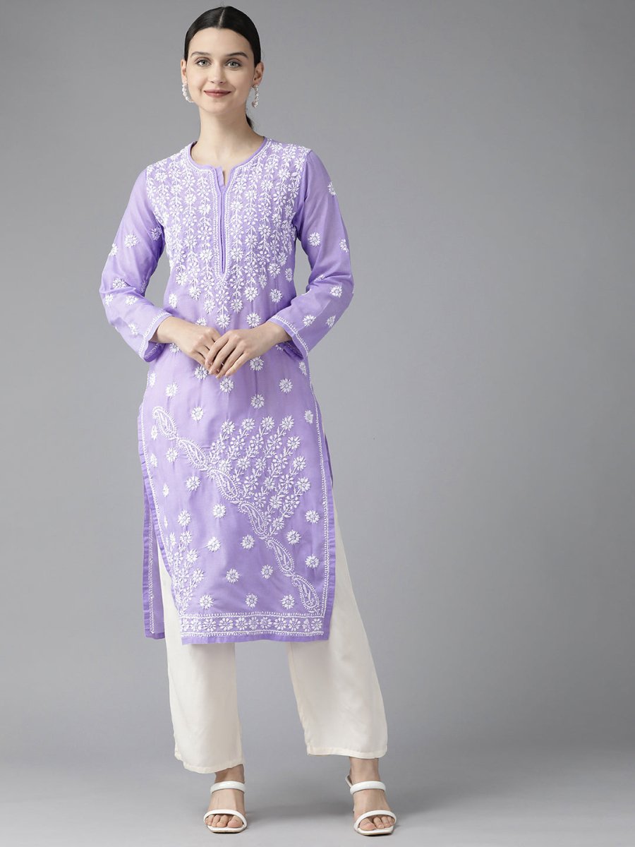 ADA Women Mauve & White Ethnic Motifs Embroidered Chikankari Kurta 