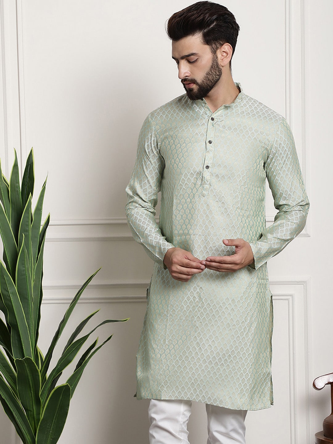 Sojanya Men Green & Beige Ethnic Motifs Jacquard Woven Design Straight Kurta 