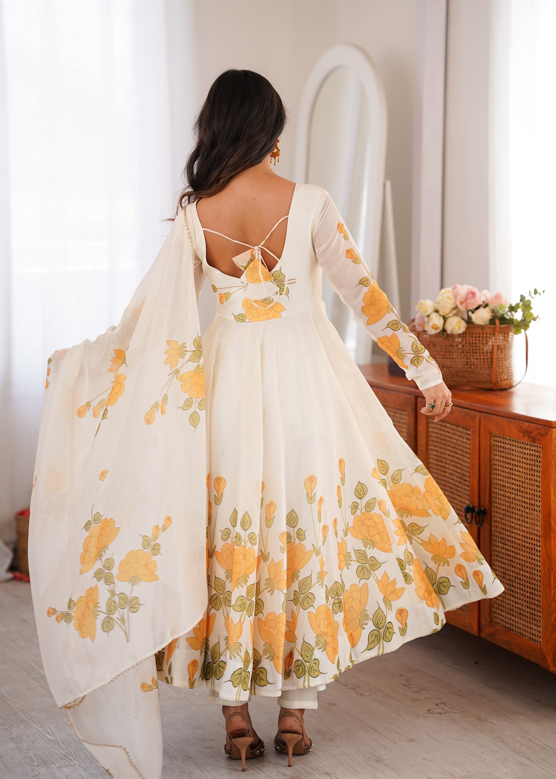 Lorenvalley Fashion Offwhite Organza Silk Floral Print Anarkali Gown Pant With Dupatta