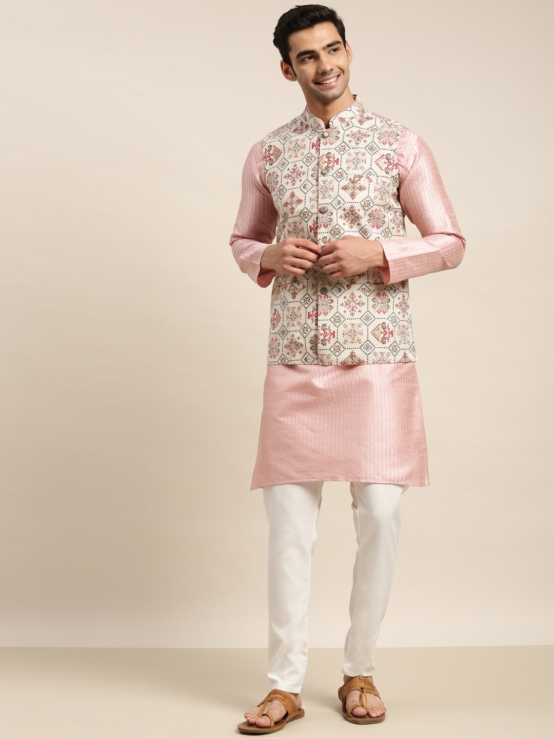 Sojanya Men Pink Solid Kurta & Churidar Comes With a Nehru Jacket 