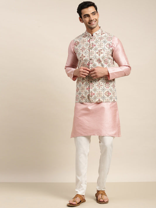 Sojanya Men Pink Solid Kurta & Churidar Comes With a Nehru Jacket 