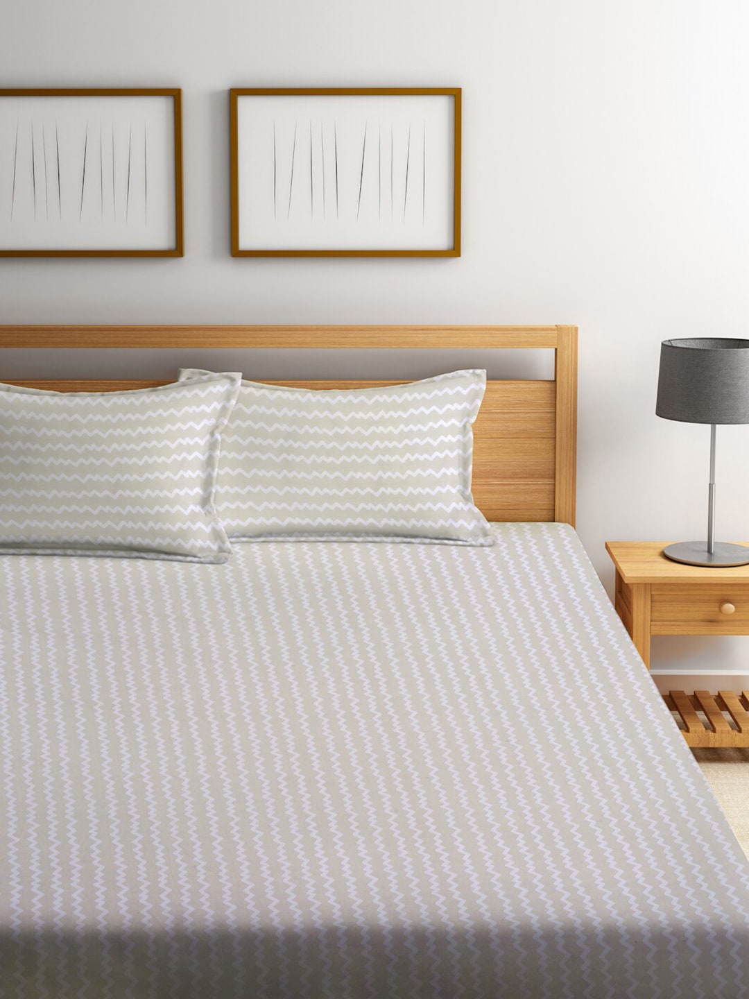KLOTTHE Abstract-Printed 300TC Fitted King Bedsheet With 2 Pillow Covers 