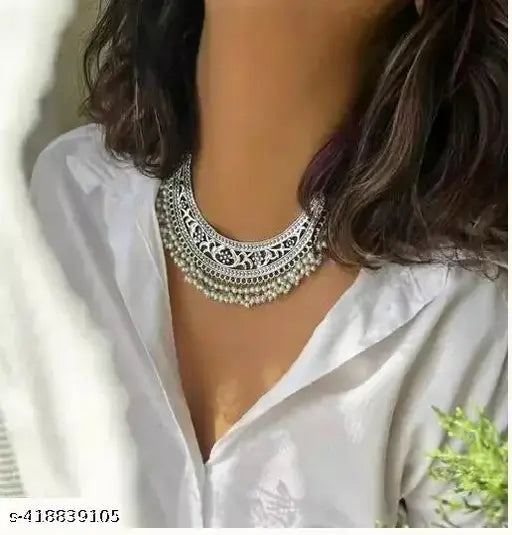 Tehzeeb Creations Women's Silver Colour Oxidised Necklace With White Pearl Tehzeeb Creations