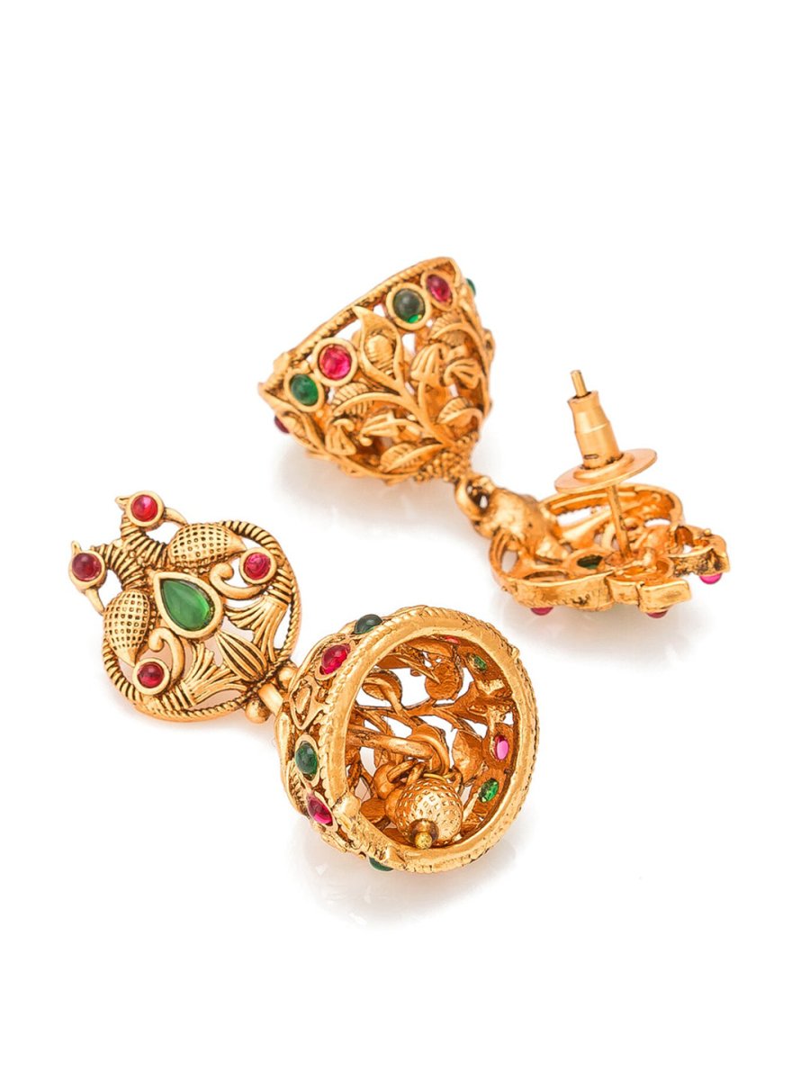 Aadita Gold-Plated Green & Pink Stone-Studded & Pearl Beaded Jewellery Set - Grab2buy