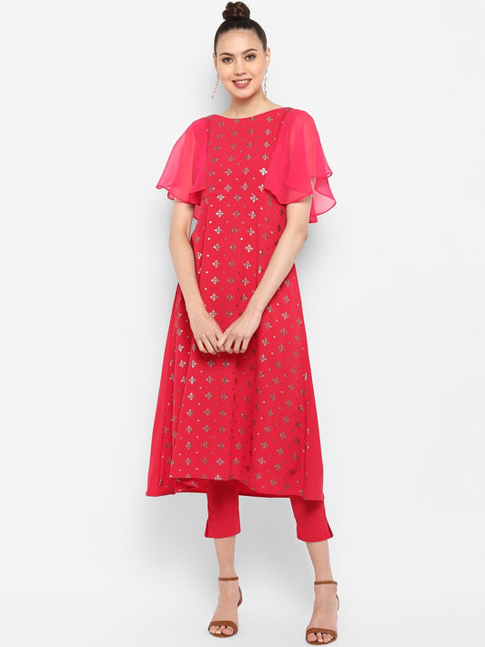 Janasya Women Magenta & Silver-Toned Printed Kurta with Trousers