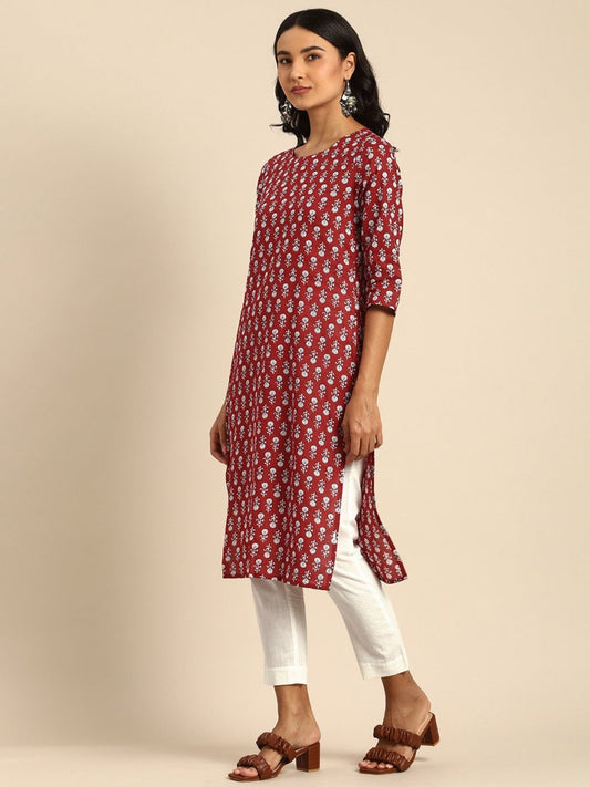 All About You Women Maroon Printed Pure Cotton Kurta with Trousers