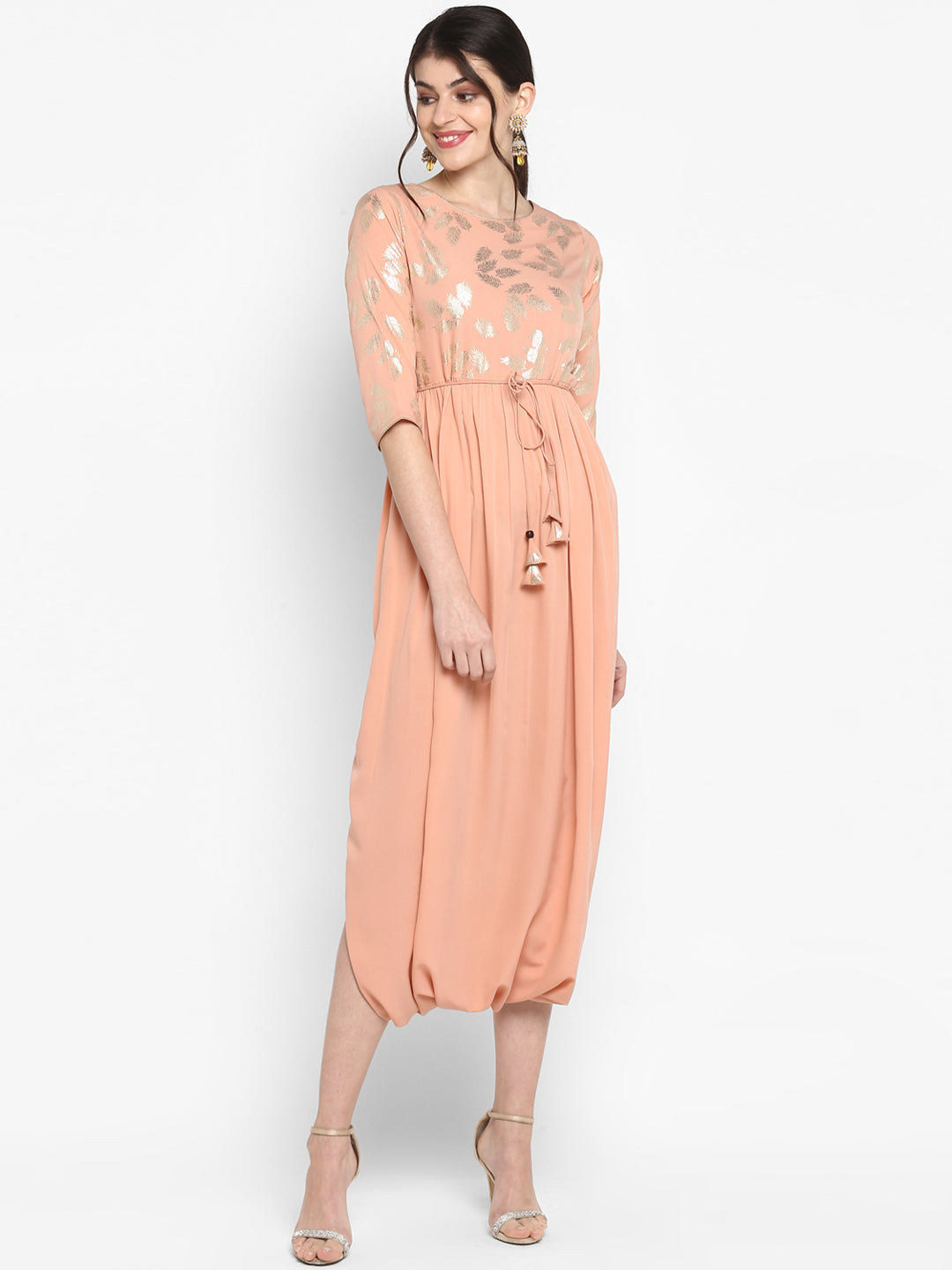 Janasya Women Peach-Coloured & Silver-Toned Printed A-Line Kurta
