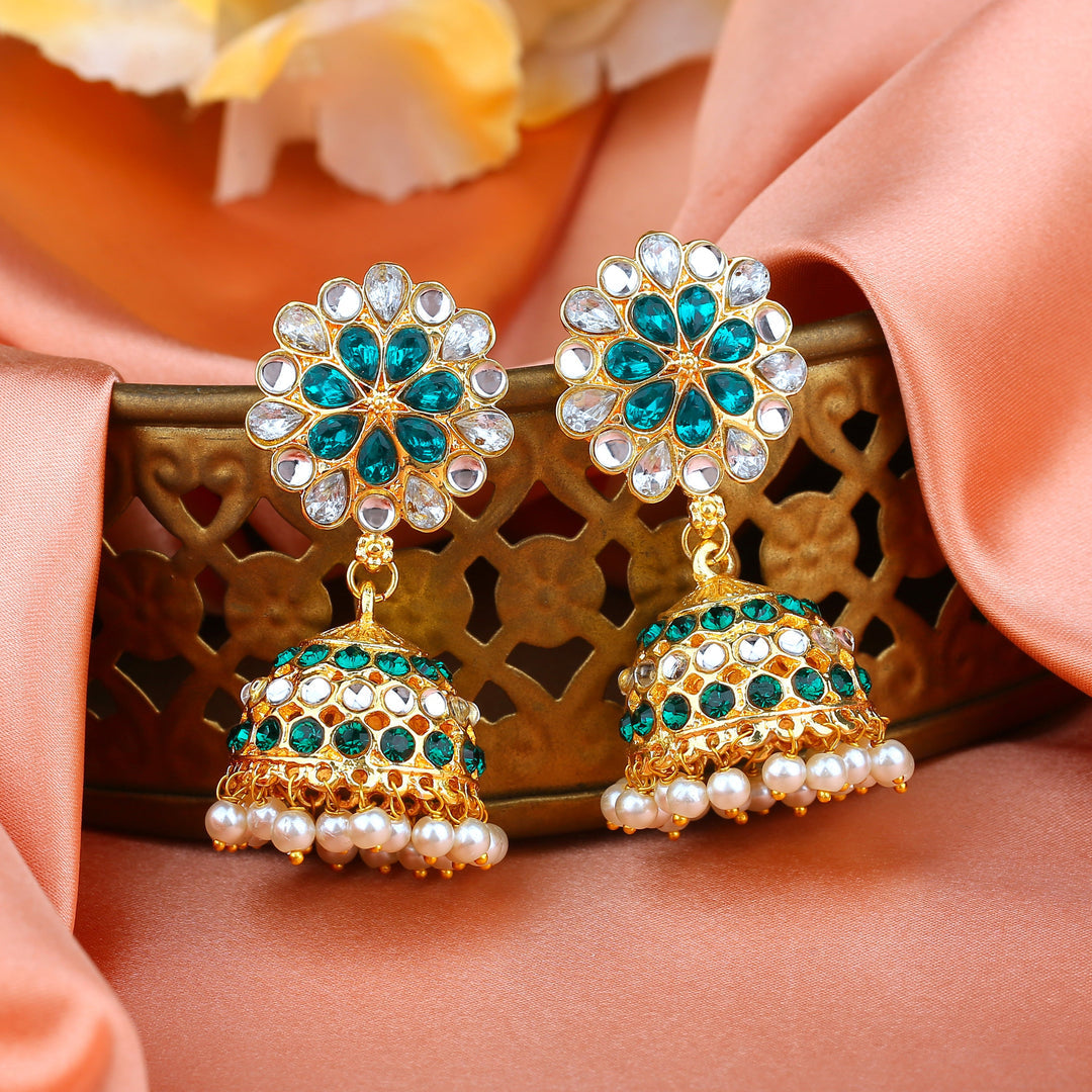 Estele Gold-Polished Traditional Flower Designer Meenakari Jhumka Earrings With Green & White Crystals for Women Estele Accessories