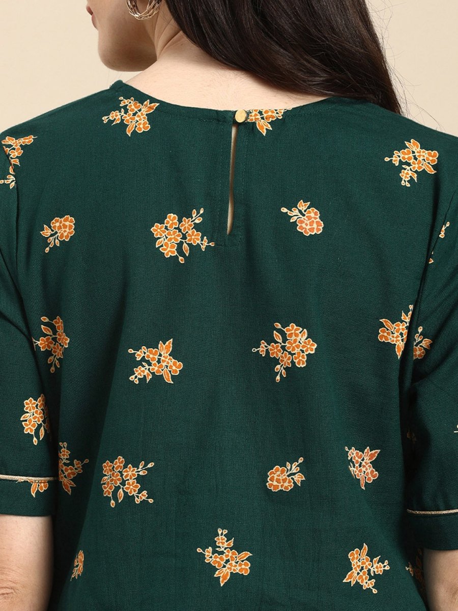 All About You Women Green & Brown Floral Printed Regular Pure Cotton Kurta with Trousers