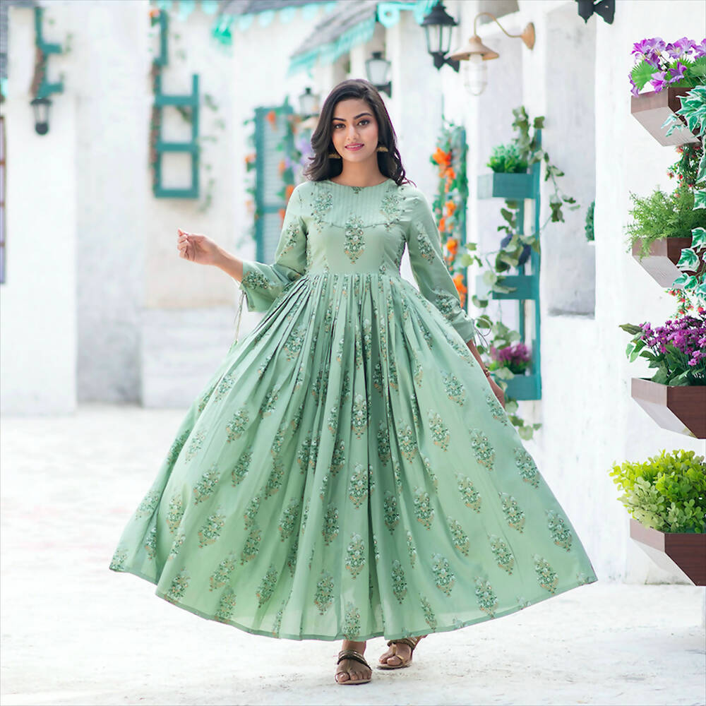 Partywear Designer Digital Printed Moss Green Pure Maslin Gown - Anbazaar