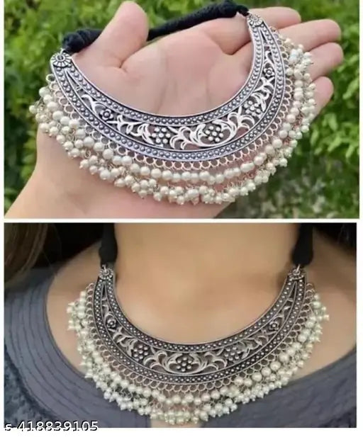 Tehzeeb Creations Women's Silver Colour Oxidised Necklace With White Pearl Tehzeeb Creations