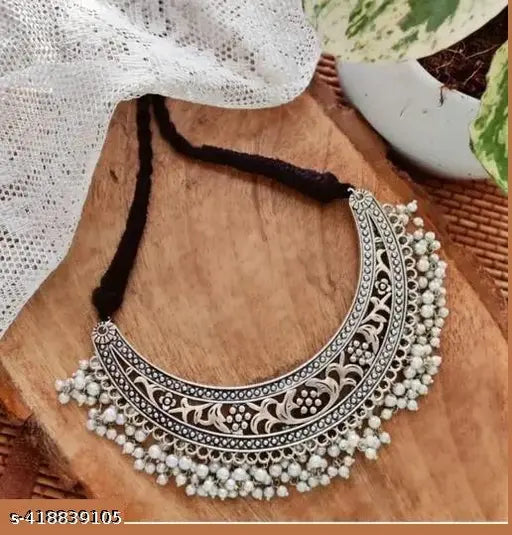 Tehzeeb Creations Women's Silver Colour Oxidised Necklace With White Pearl Tehzeeb Creations