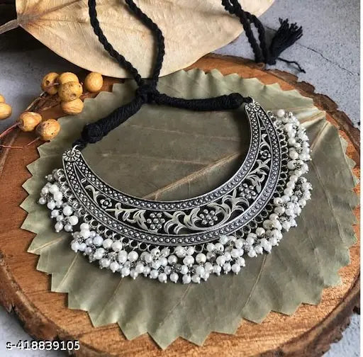 Tehzeeb Creations Women's Silver Colour Oxidised Necklace With White Pearl Tehzeeb Creations