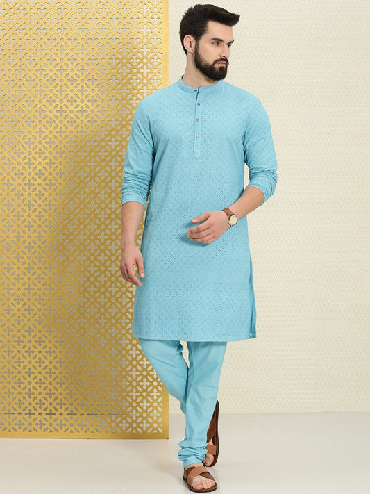 House of Pataudi Men Pure Cotton Schiffli Thread Work Jashn Kurta with Pyjamas