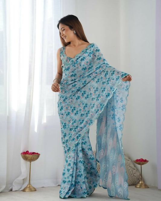 Blue Chinon Designer Digital Printed & Mirror Cut Work Saree - Kriti