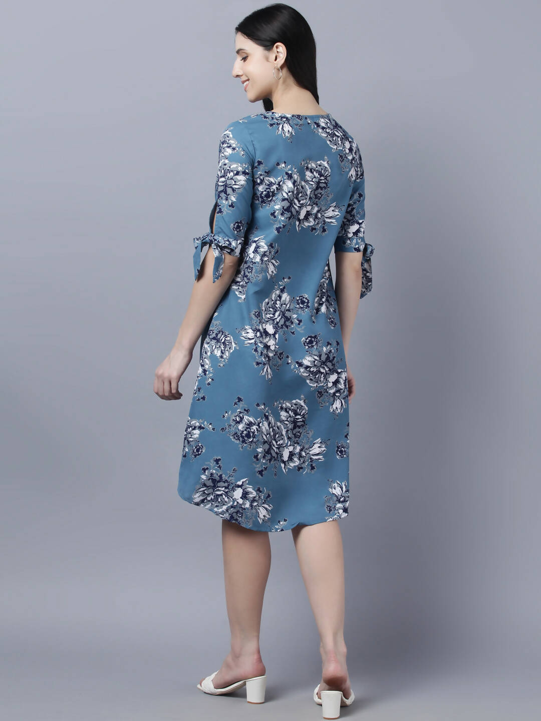 Myshka Women Teal Blue Grey Printed A-line Dress