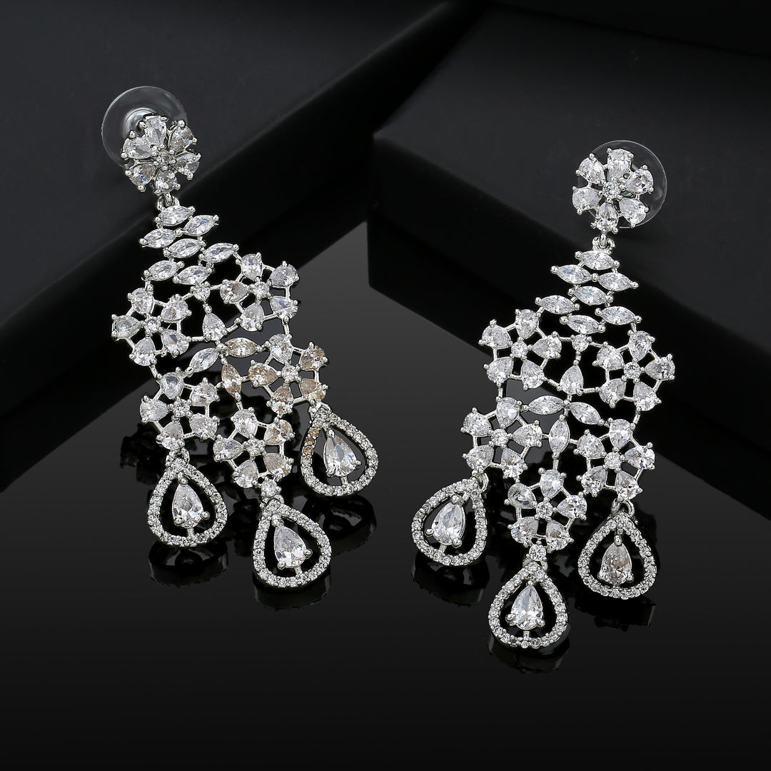 Estele Rhodium Plated CZ Snow Flakes Chandelier Long Dangler Earrings for Women Estele Accessories