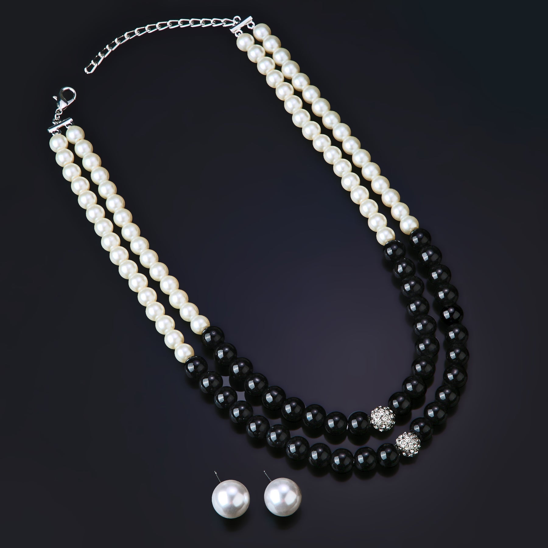 Estele Rhodium Plated Classic Double Line Pearl Necklace Set for Women Estele Accessories