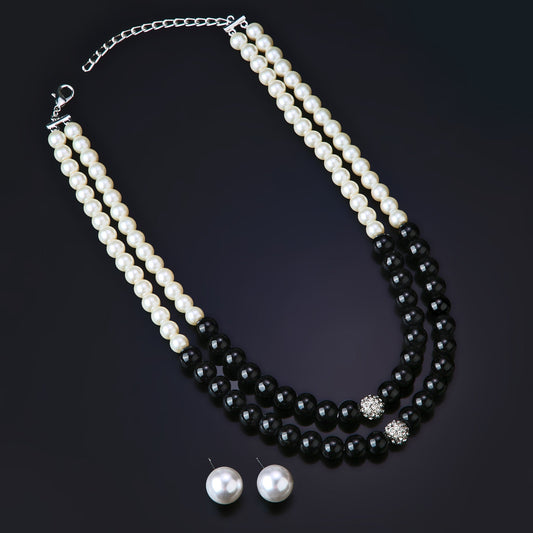 Estele Rhodium Plated Classic Double Line Pearl Necklace Set for Women Estele Accessories