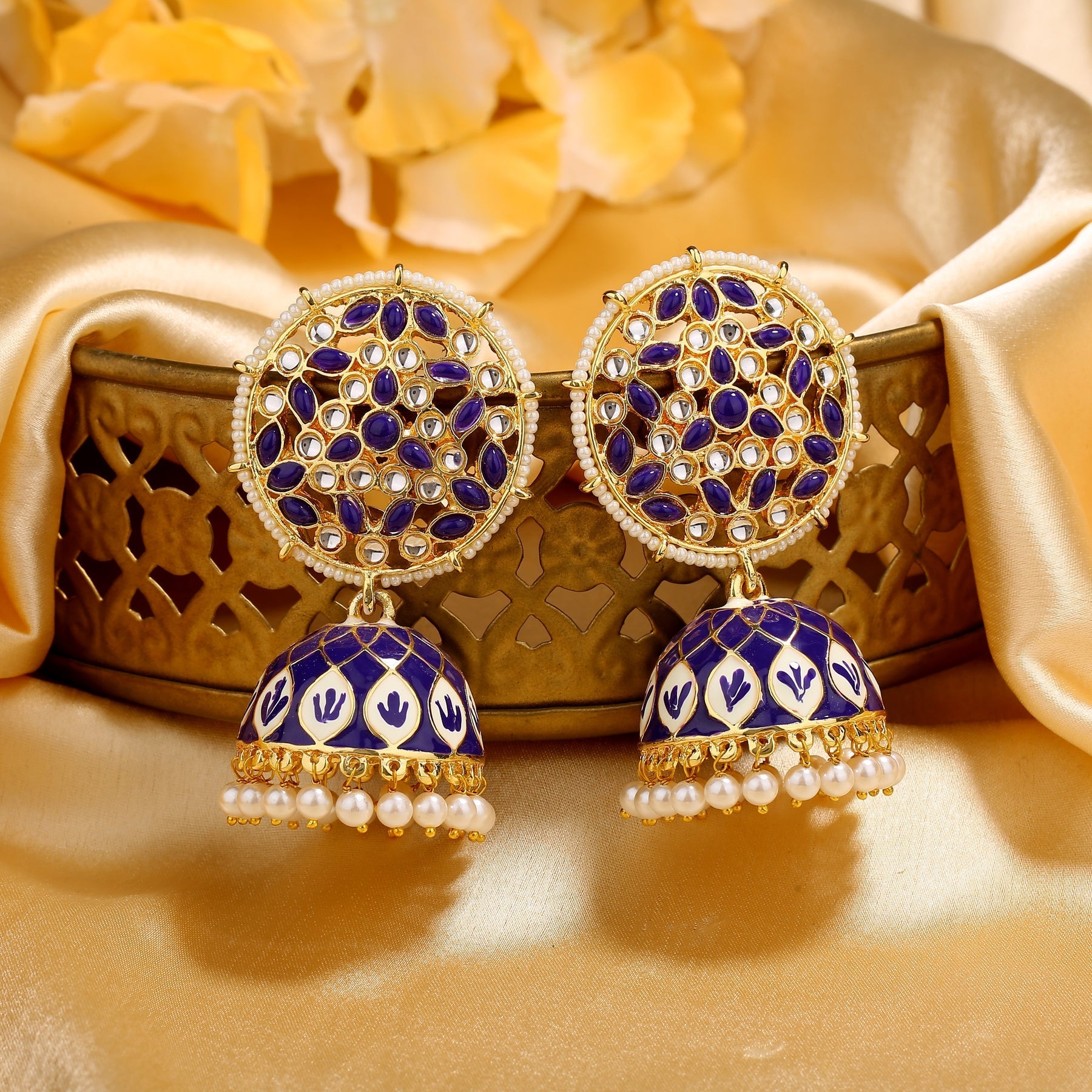 Estele Gold-Polished Blue Meenakari Traditional Kundan Jhumki Earrings with Pearls for Women Estele Accessories
