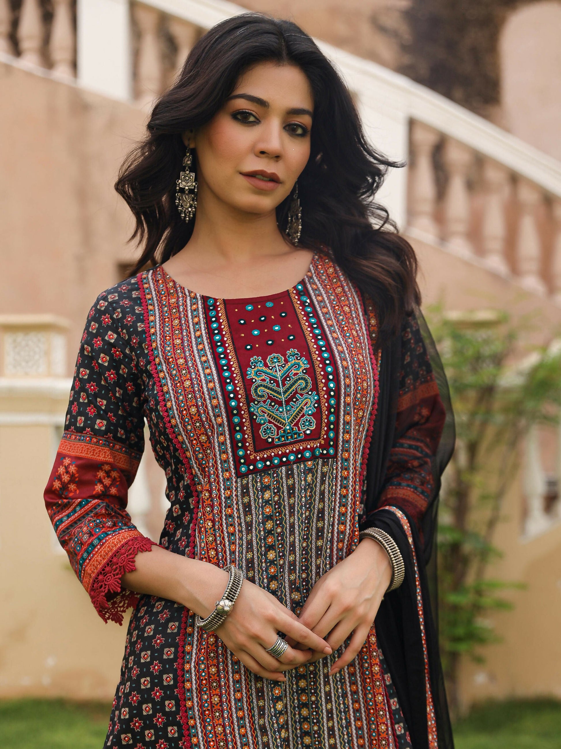 Juniper Women's Black Ethnic Motif Printed Rayon Kurta Palazzo And Dupatta With Mirror & Thread Work