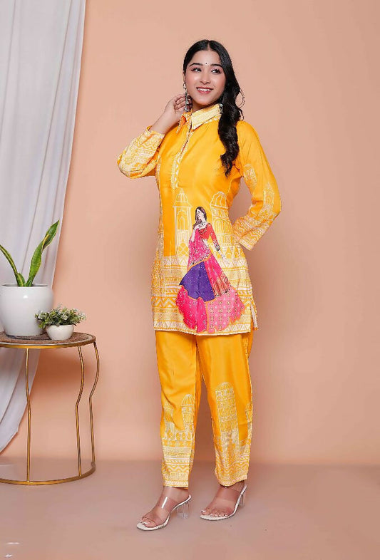 Miravan Womens Yellow Digital Printed Kurta Set