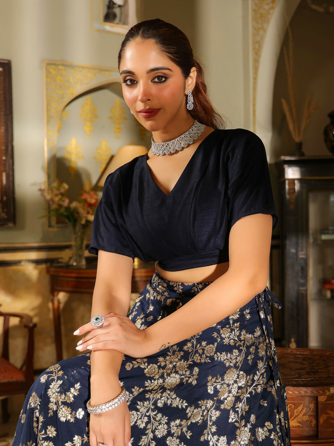 Janasya Navy Blue Silk Blend Solid Lehenga Choli 