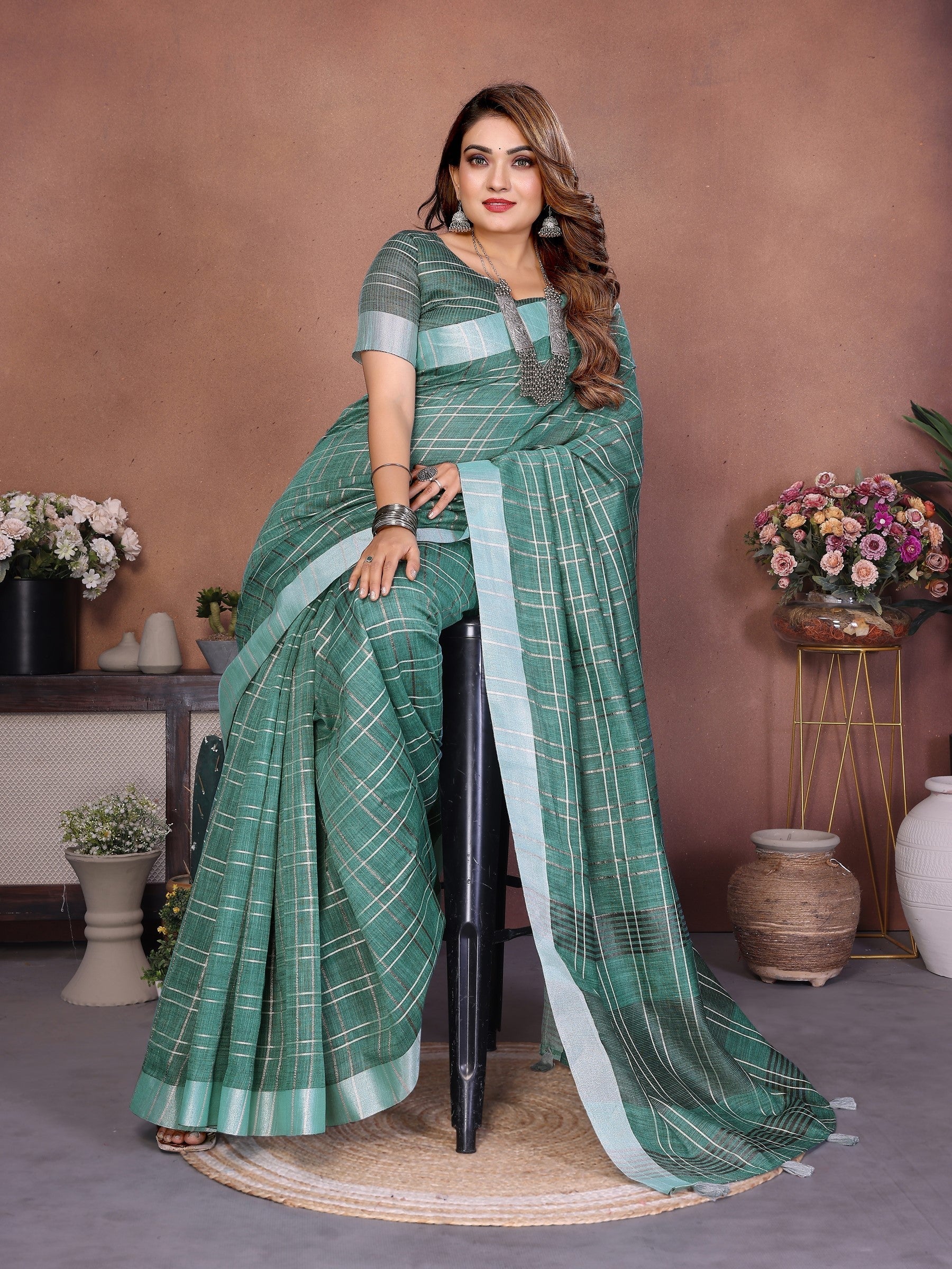 Anaita Teal Green Weaving Linen Cotton Saree With Blouse