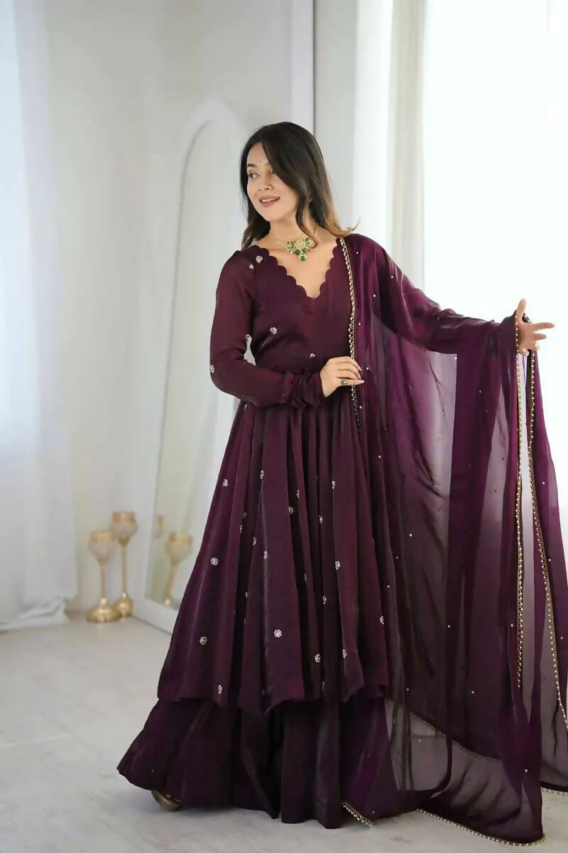 Teeya Creation Violet Crunchy Silk Embroidery Work Designer Suit