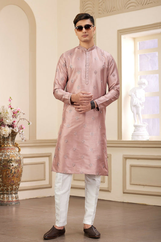 Raivat Ethnic Men's Art Silk Thread Work Kurta Pyjama In Cream Beige Colour