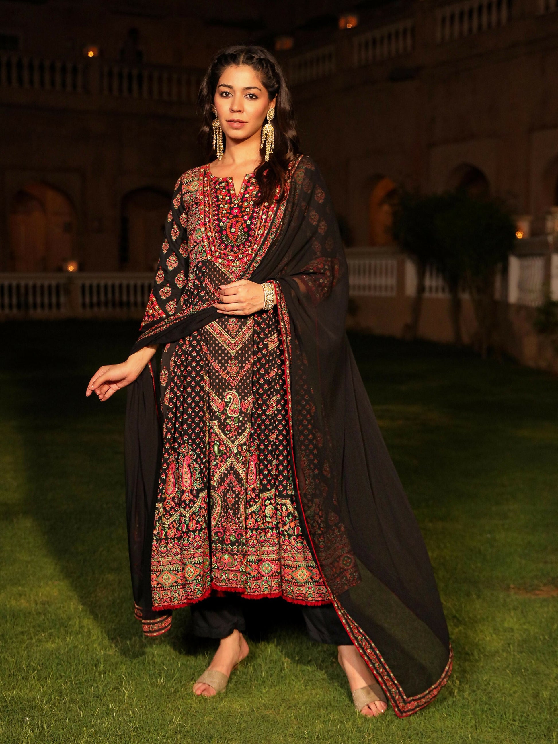 Juniper Women's Black Ethnic Motif Printed Rayon Kurta Palazzo And Dupatta With thread & Mirror Work