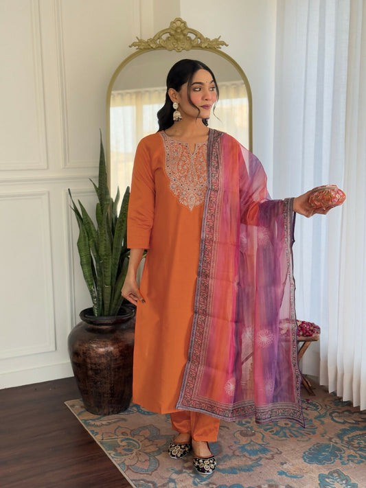The52 Orange Women's Gorgeous Embroidered Rayon Fabric with Straight Kurta, Pant and Dupatta Set | Grab2Buy