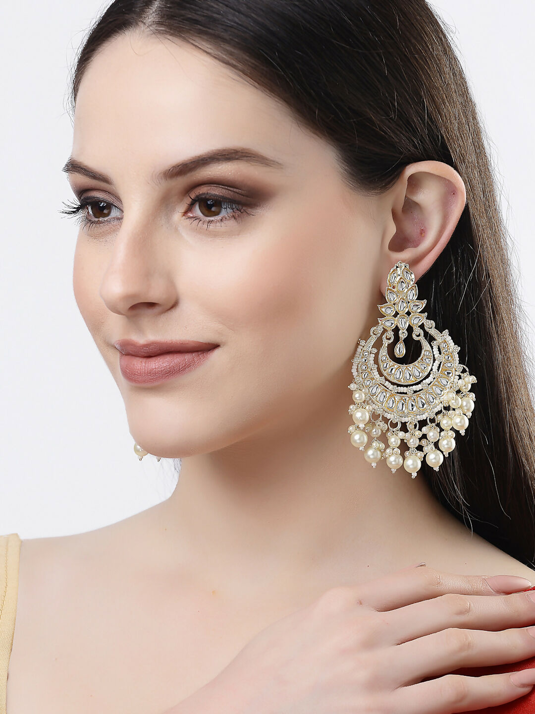 NVR Women Gold-Polished Kundan Chandbali Earrings 