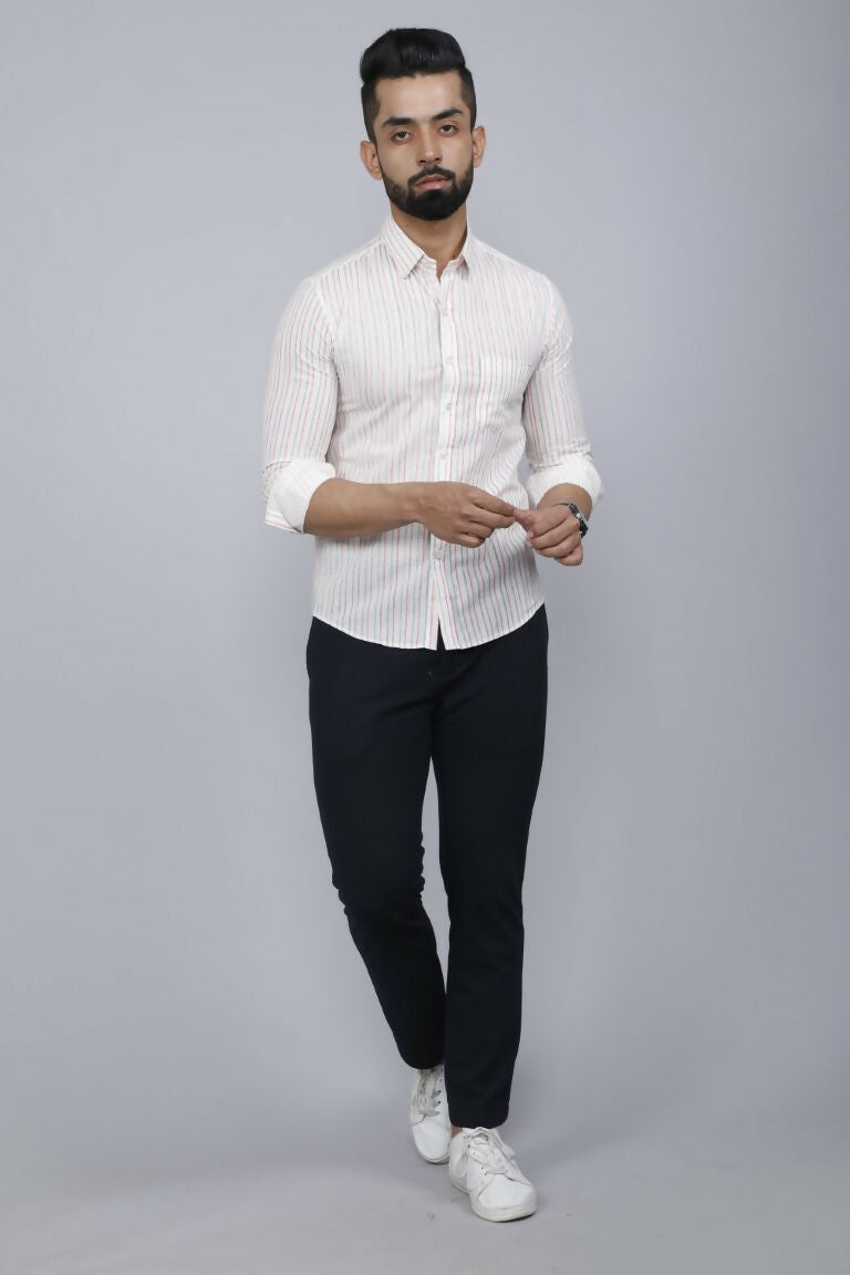 Miravan Men's White Spread Collar Striped Print Casual Shirt 