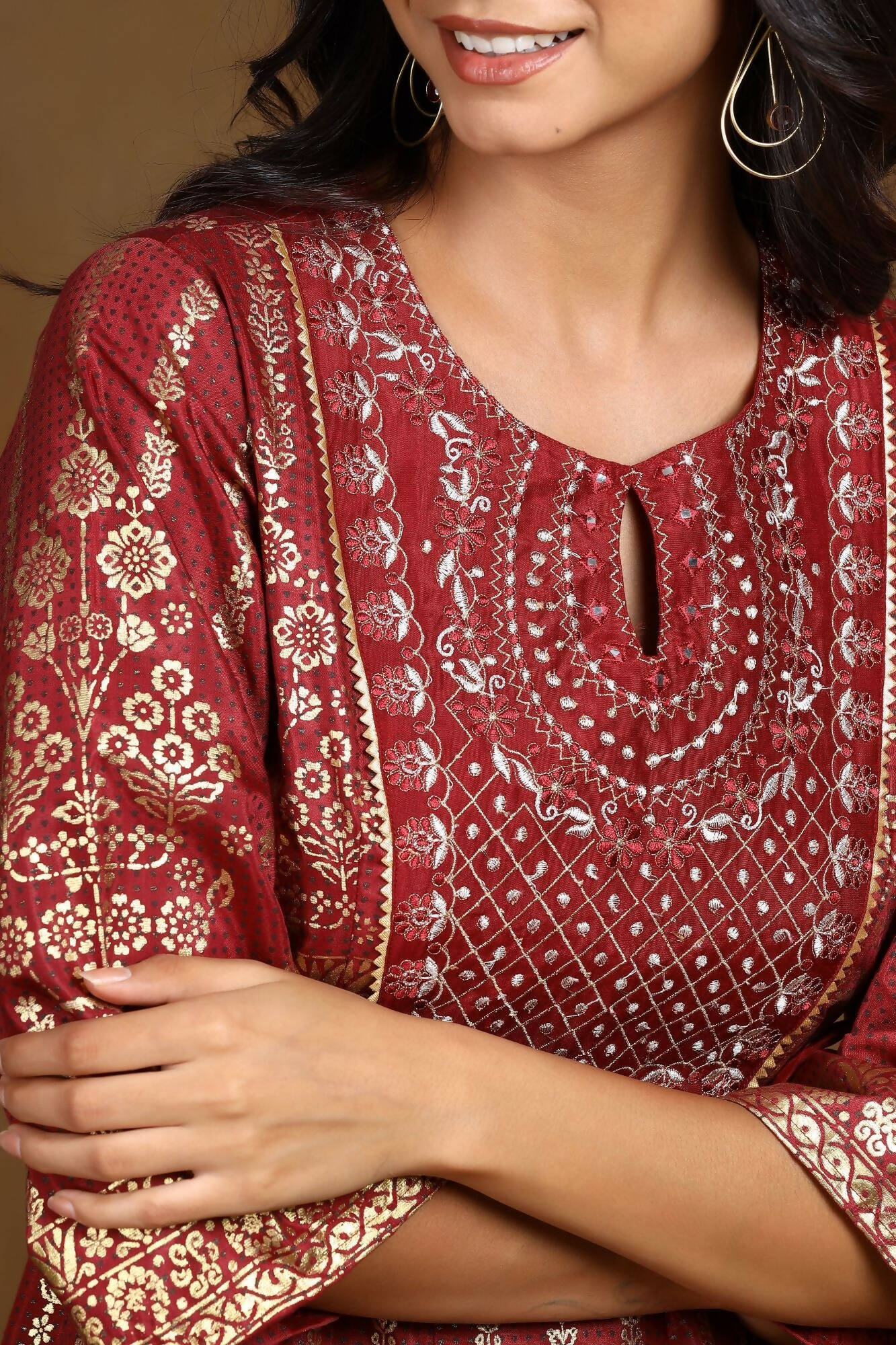 Juniper Women Maroon Shantoon Printed Anarkali Dress