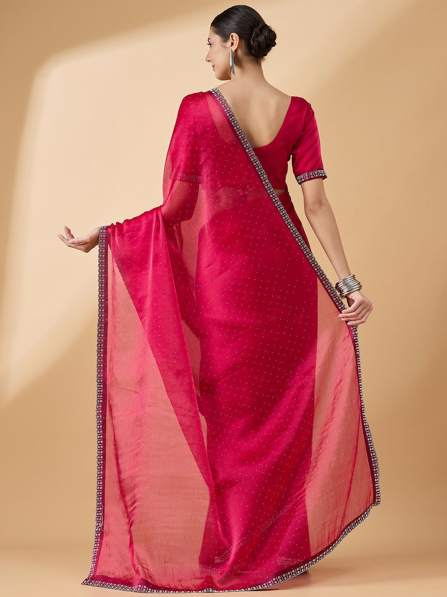 Pink Organza Swaroski Diamond Work Saree with Unstitched Blouse - Radha