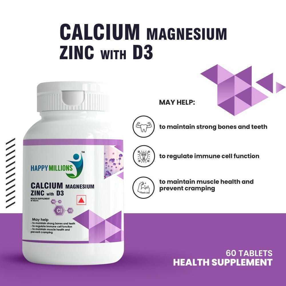 HappyMillions Calcium, Magnesium, Zinc with Vitamin D3 Tablets 