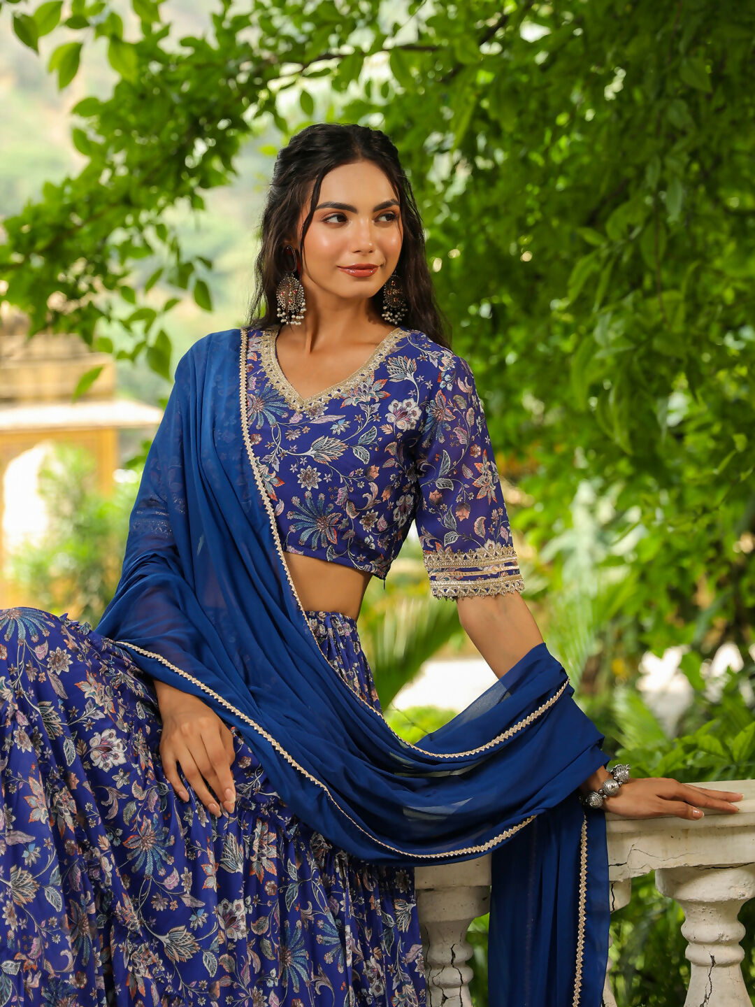 Janasya Blue Georgette Floral Lehenga Choli Dupatta 