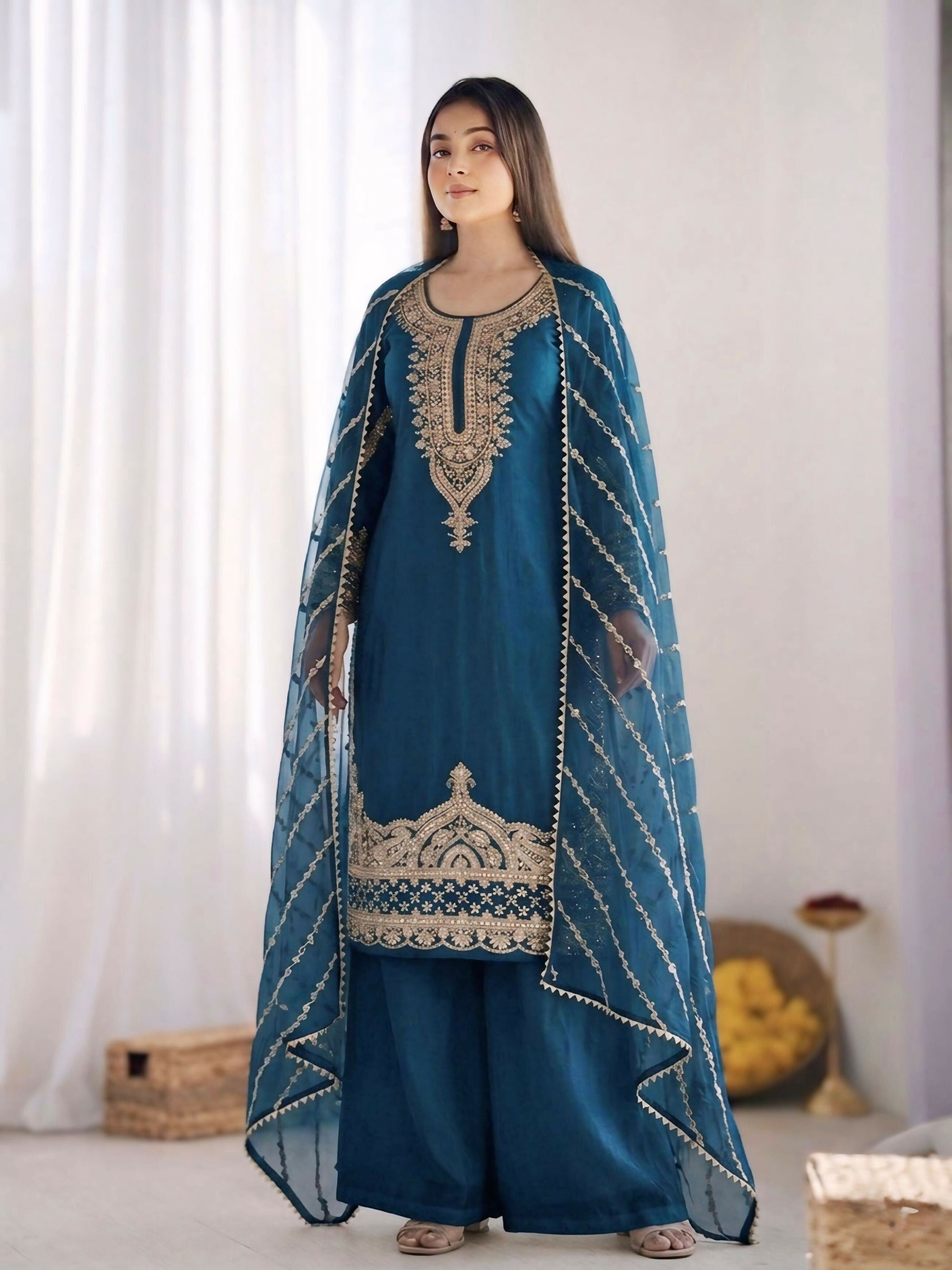 Teeya Creation New latest Trendy Embroidery Beads Work Kurta Sharara Set - Blue